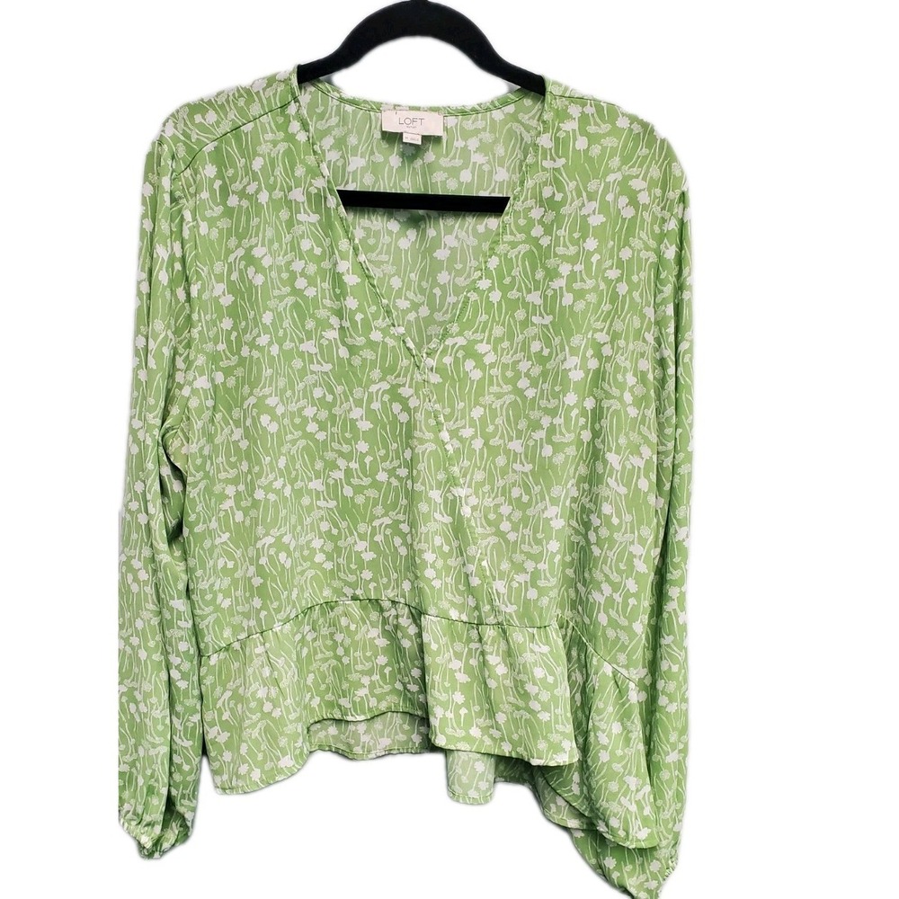 Loft Blouse Tunic Long Sleeve Womens Size XL Green Floral Peplum Lightweight